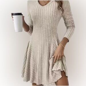 NWOT Elegant Cream Long Sleeve Ribbed Knit Sweater Dress